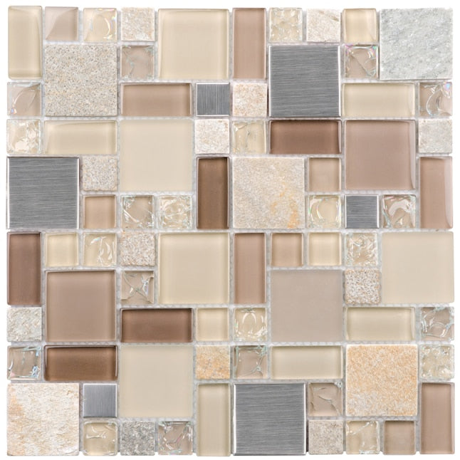 Earth Cubes Stainless 12”x12” Glossy Glass/Metal/Stone Slate Multi-shaped Mosaic Wall Tile