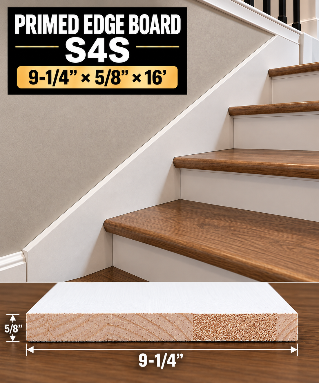 Primed Edge Board (S4S) Size:(9-1/4” x 5/8”) x 16’