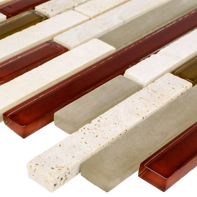 Orchid Brick 12”x12” Multi-finish Glass/Stone Travertine Linear Mosaic Wall Tile