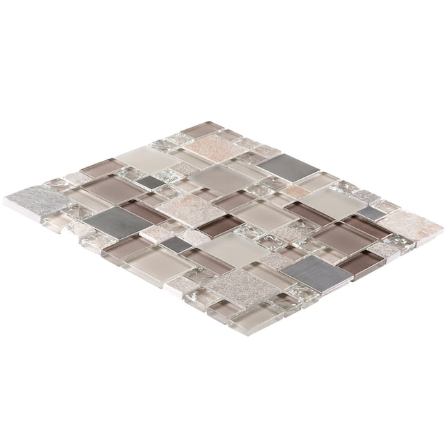 Earth Cubes Stainless 12”x12” Glossy Glass/Metal/Stone Slate Multi-shaped Mosaic Wall Tile