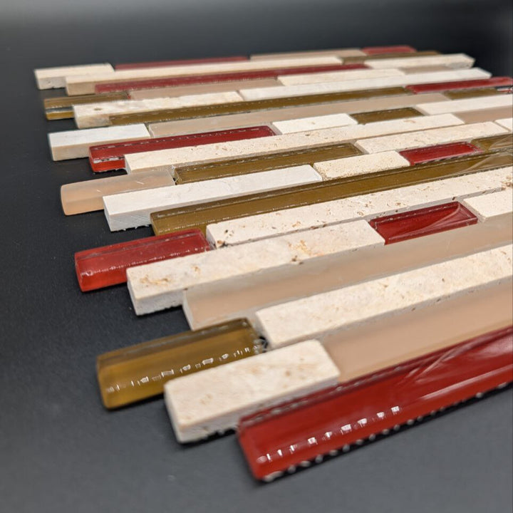 Orchid Brick 12”x12” Multi-finish Glass/Stone Travertine Linear Mosaic Wall Tile