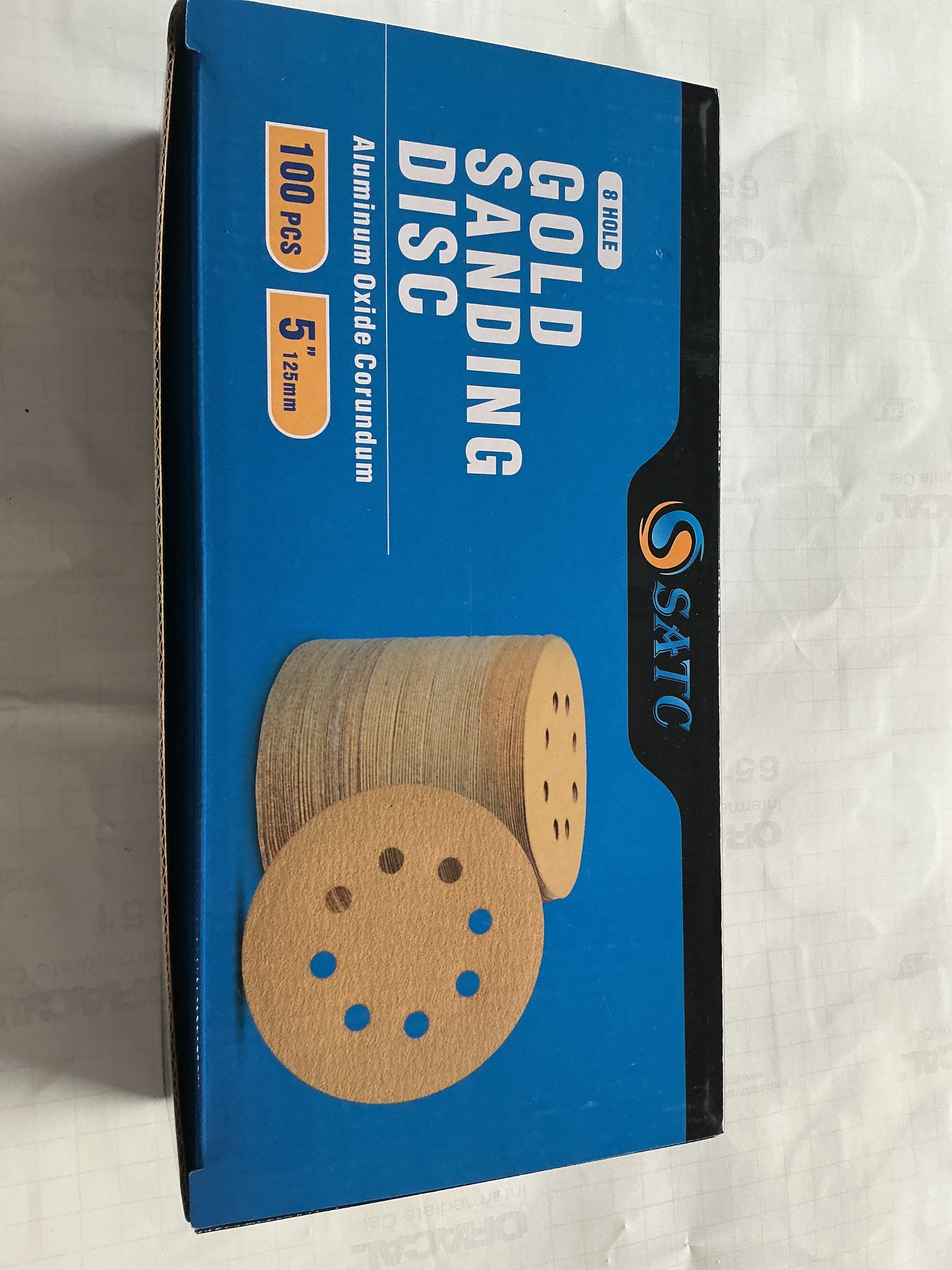 S SATC 100PCS 5 Inch Sanding Discs 60/80/120/150/220 Grits Gold Sanding Discs Hook and Loop 8 Holes Sandpaper Orbital Sander (20 of each grit)