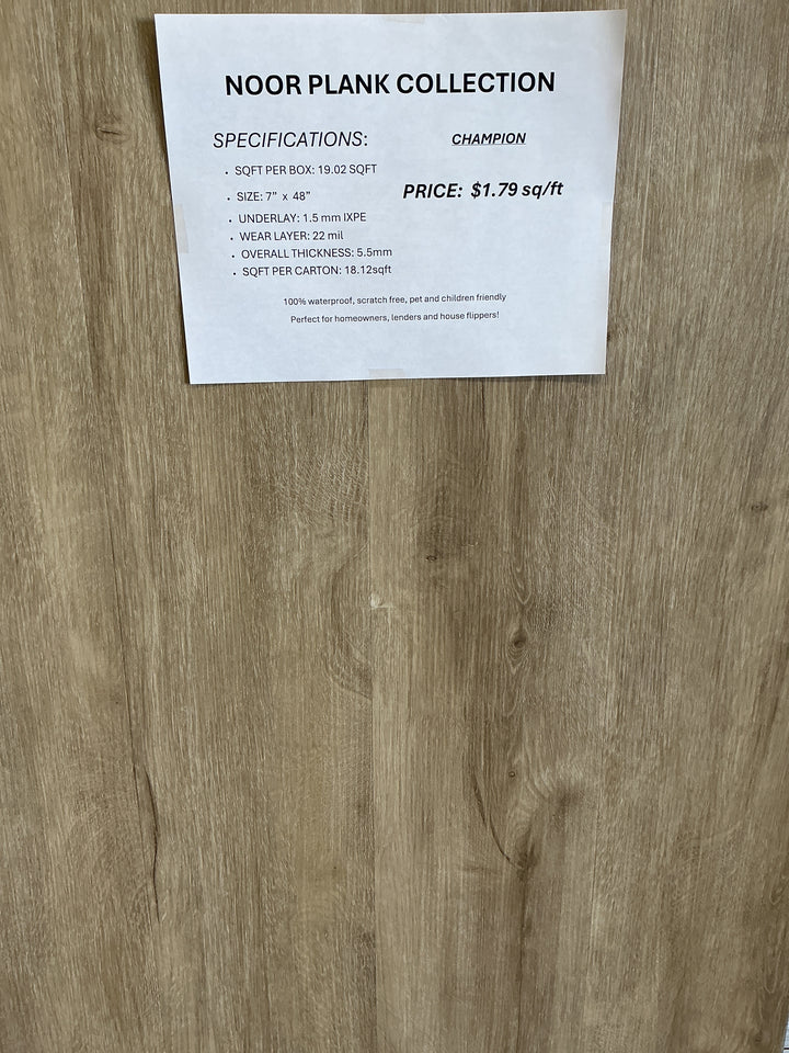 Noor Plank 5.5mm – 22 Mil – Unilin Click – Deep Emboss – UV Coating. Color: Champion