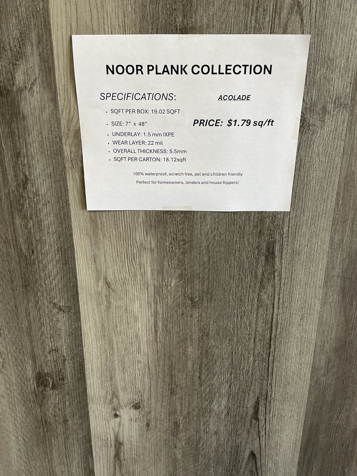 Noor Plank 5.5mm – 22 Mil – Unilin Click – Deep Emboss – UV Coating.  Color: Acolade