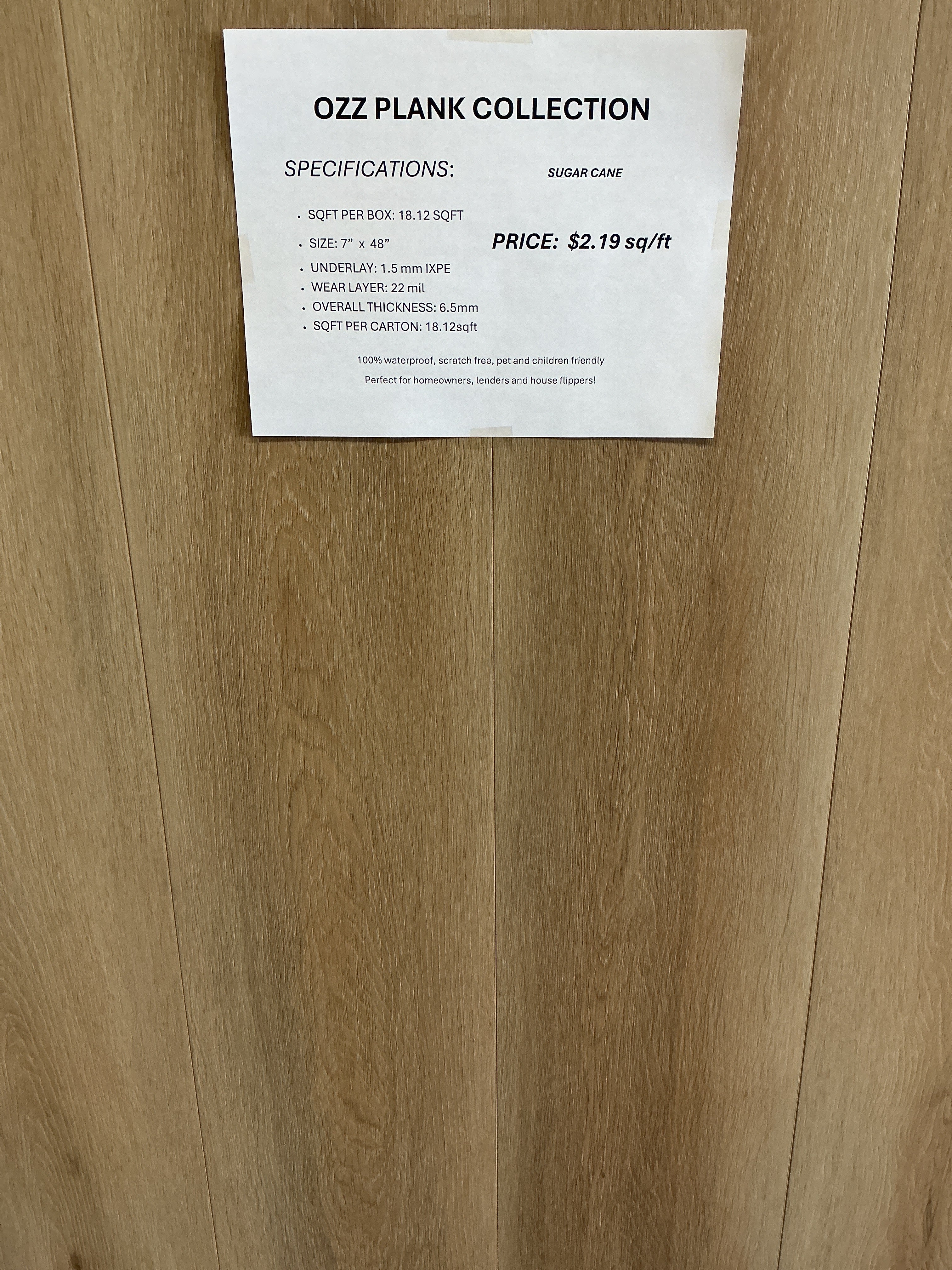 Ozz Plank 6.5mm – 22 Mil – Unilin Click – Deep Embossed – UV Coating. Color: sugar cane