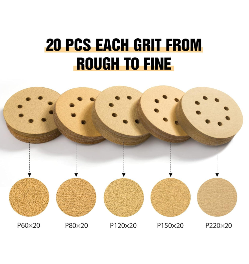 S SATC 100PCS 5 Inch Sanding Discs 60/80/120/150/220 Grits Gold Sanding Discs Hook and Loop 8 Holes Sandpaper Orbital Sander (20 of each grit)