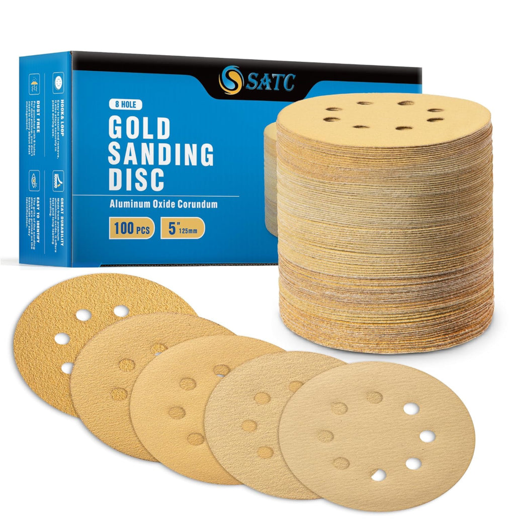 S SATC 100PCS 5 Inch Sanding Discs 60/80/120/150/220 Grits Gold Sanding Discs Hook and Loop 8 Holes Sandpaper Orbital Sander (20 of each grit)