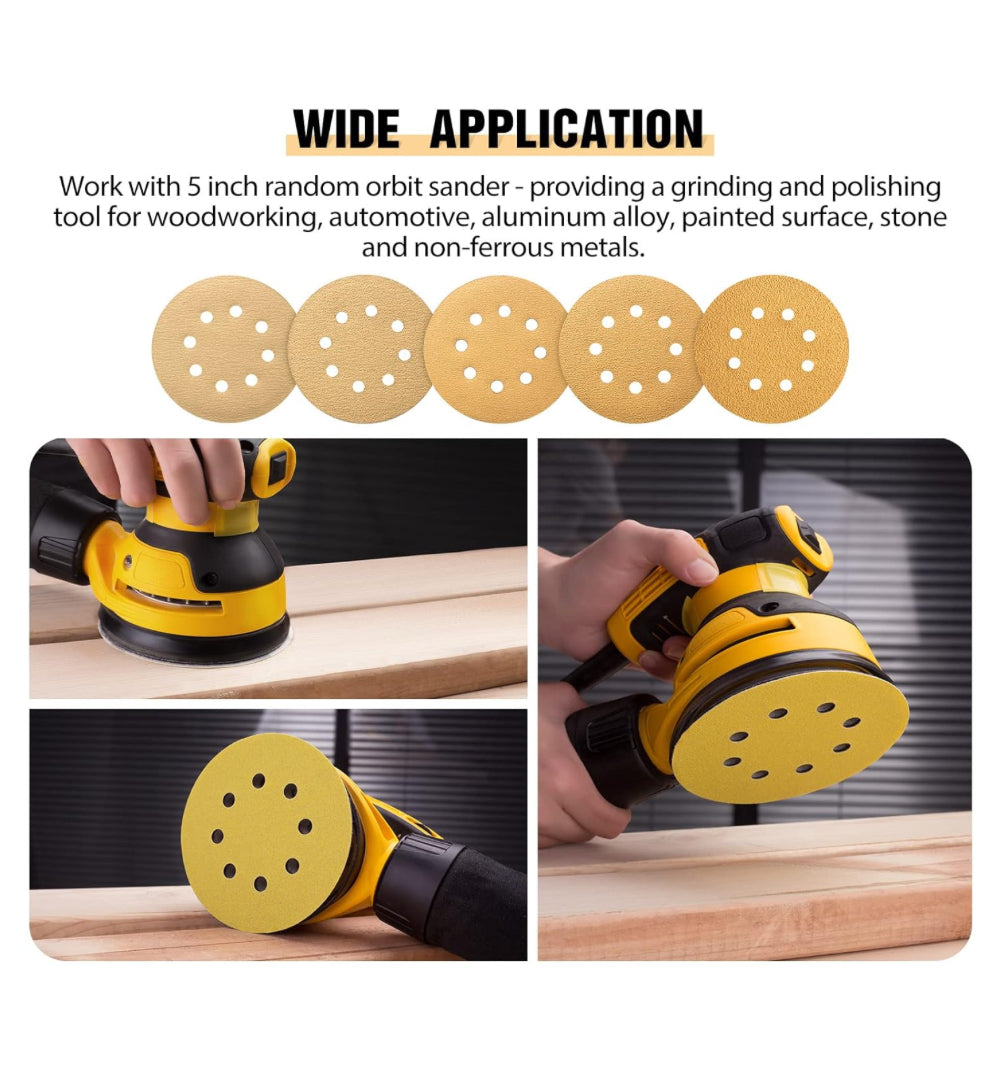 S SATC 100PCS 5 Inch Sanding Discs 60/80/120/150/220 Grits Gold Sanding Discs Hook and Loop 8 Holes Sandpaper Orbital Sander (20 of each grit)