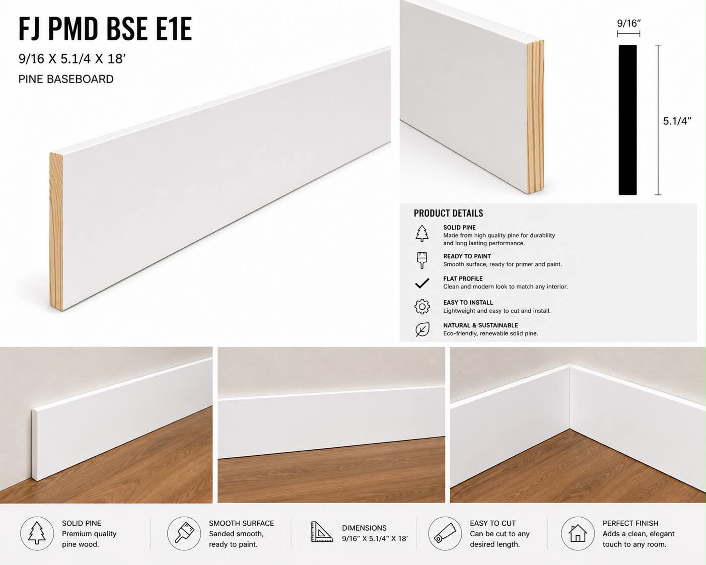 Pine Baseboard 5”1/4 (Craftsman Style)