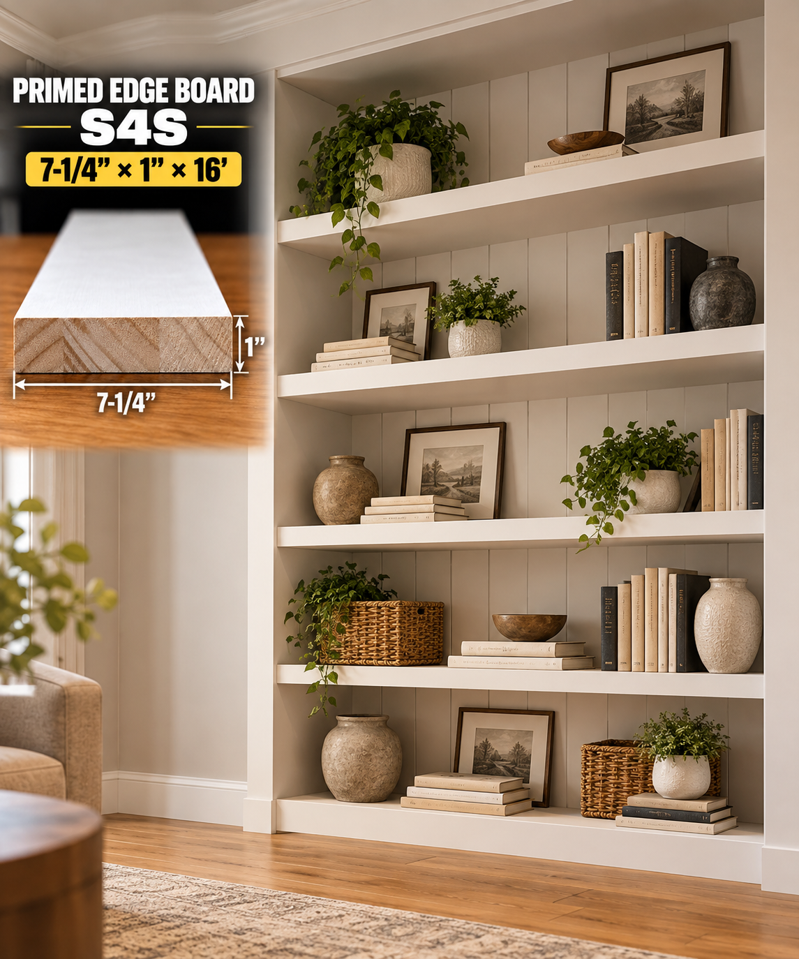Primed Edge Board (S4S)Size: (7-1/4” x 1”) x 16’