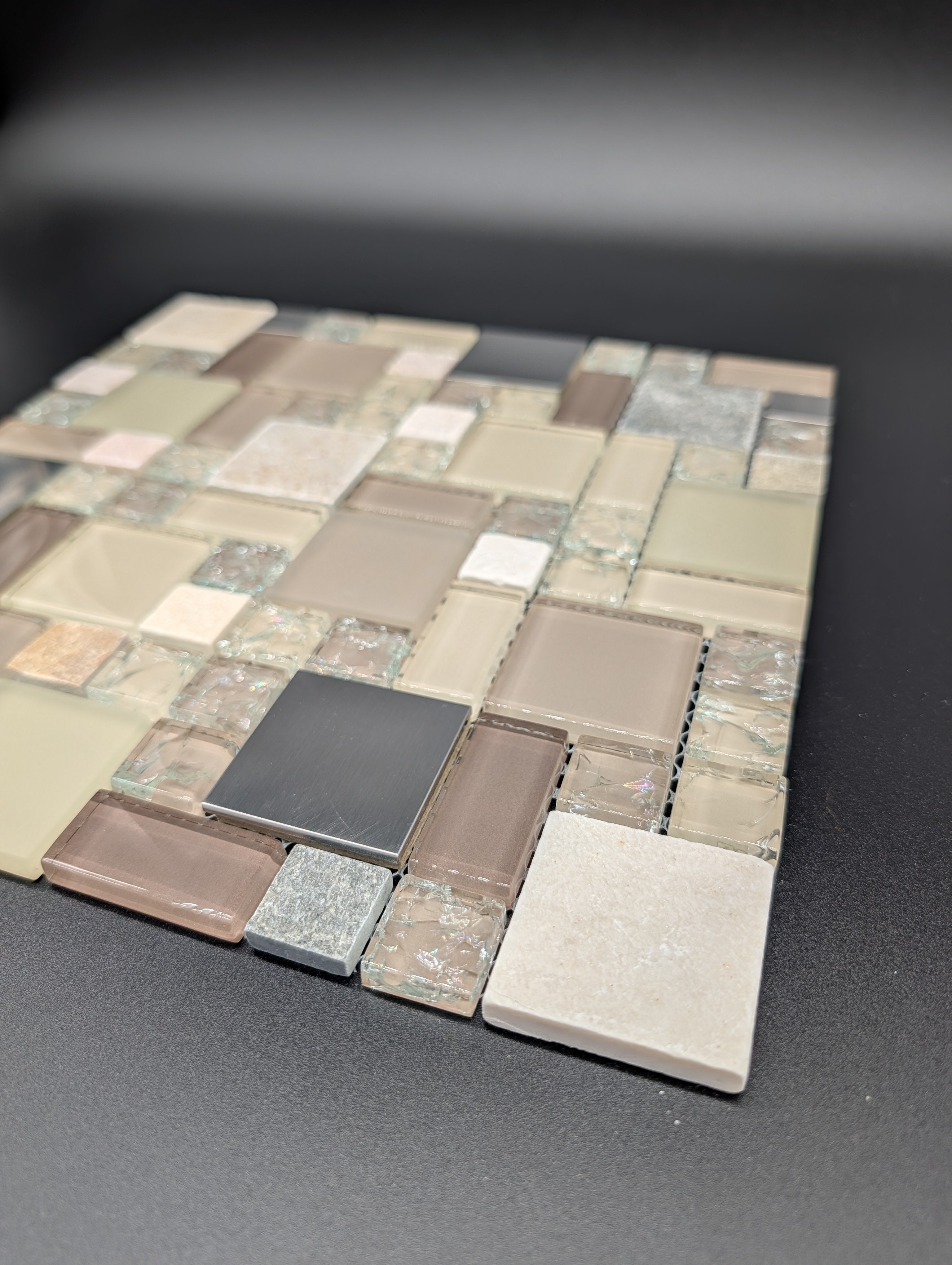 Earth Cubes Stainless 12”x12” Glossy Glass/Metal/Stone Slate Multi-shaped Mosaic Wall Tile