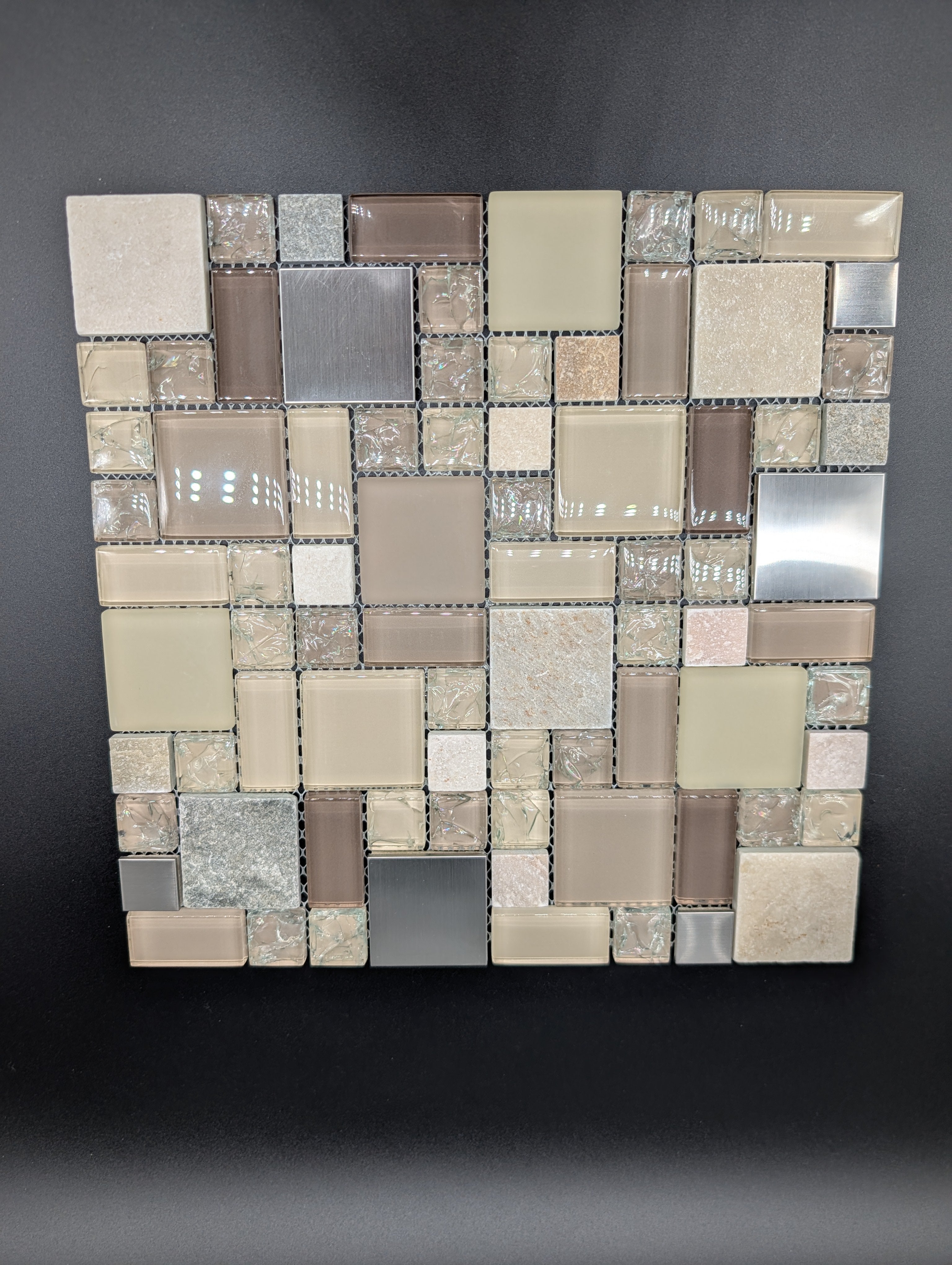 Earth Cubes Stainless 12”x12” Glossy Glass/Metal/Stone Slate Multi-shaped Mosaic Wall Tile