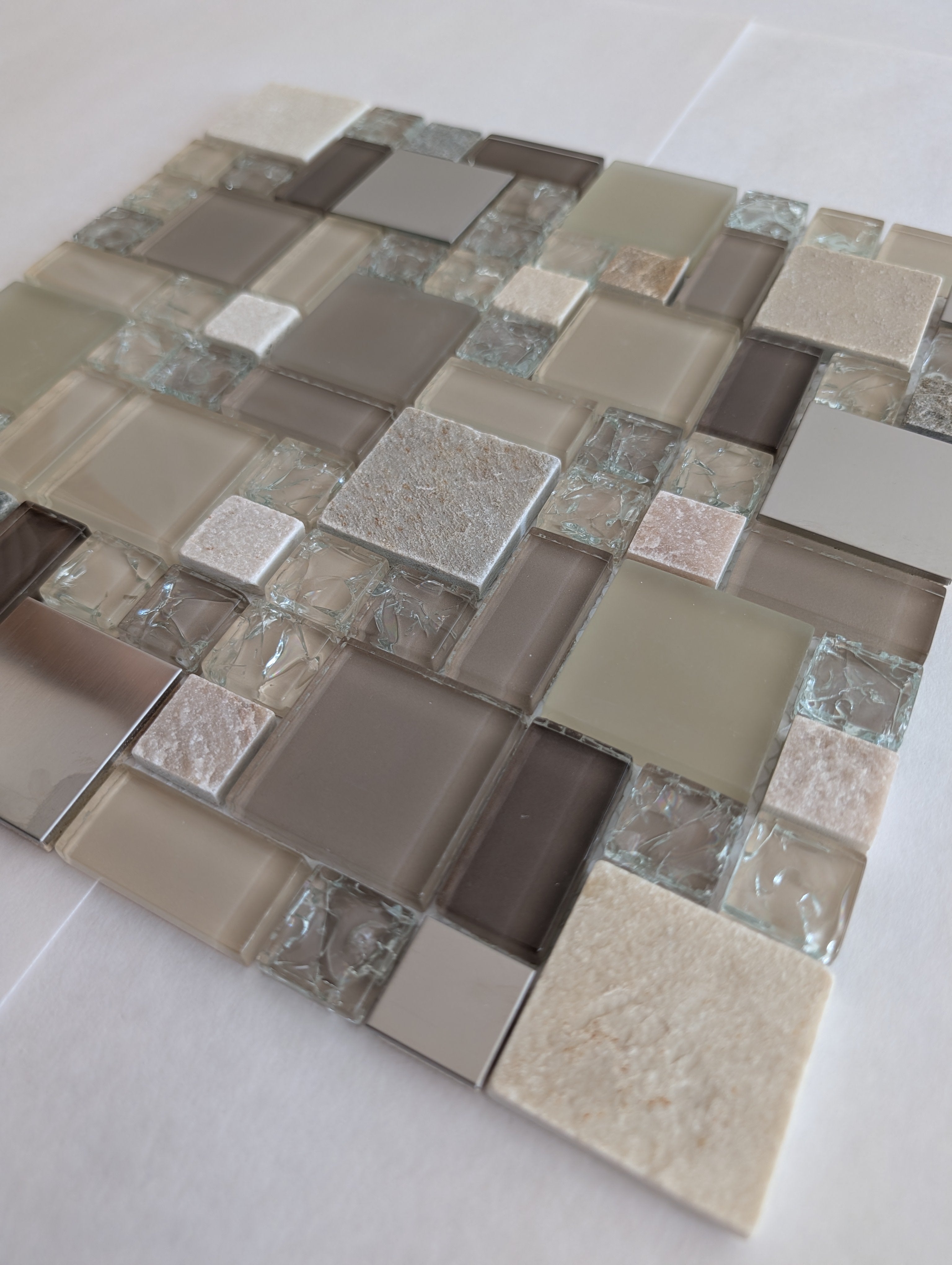 Earth Cubes Stainless 12”x12” Glossy Glass/Metal/Stone Slate Multi-shaped Mosaic Wall Tile