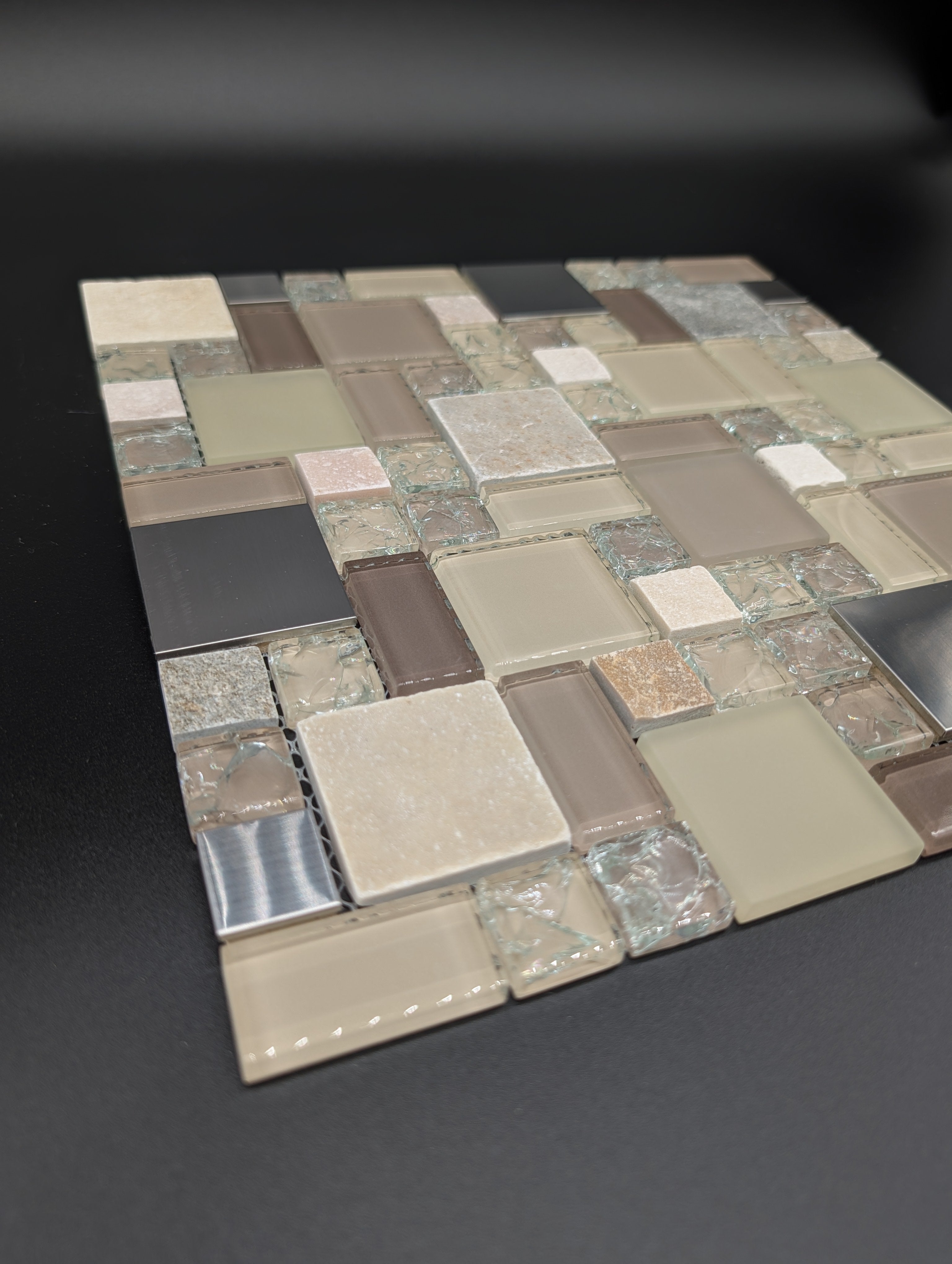Earth Cubes Stainless 12”x12” Glossy Glass/Metal/Stone Slate Multi-shaped Mosaic Wall Tile