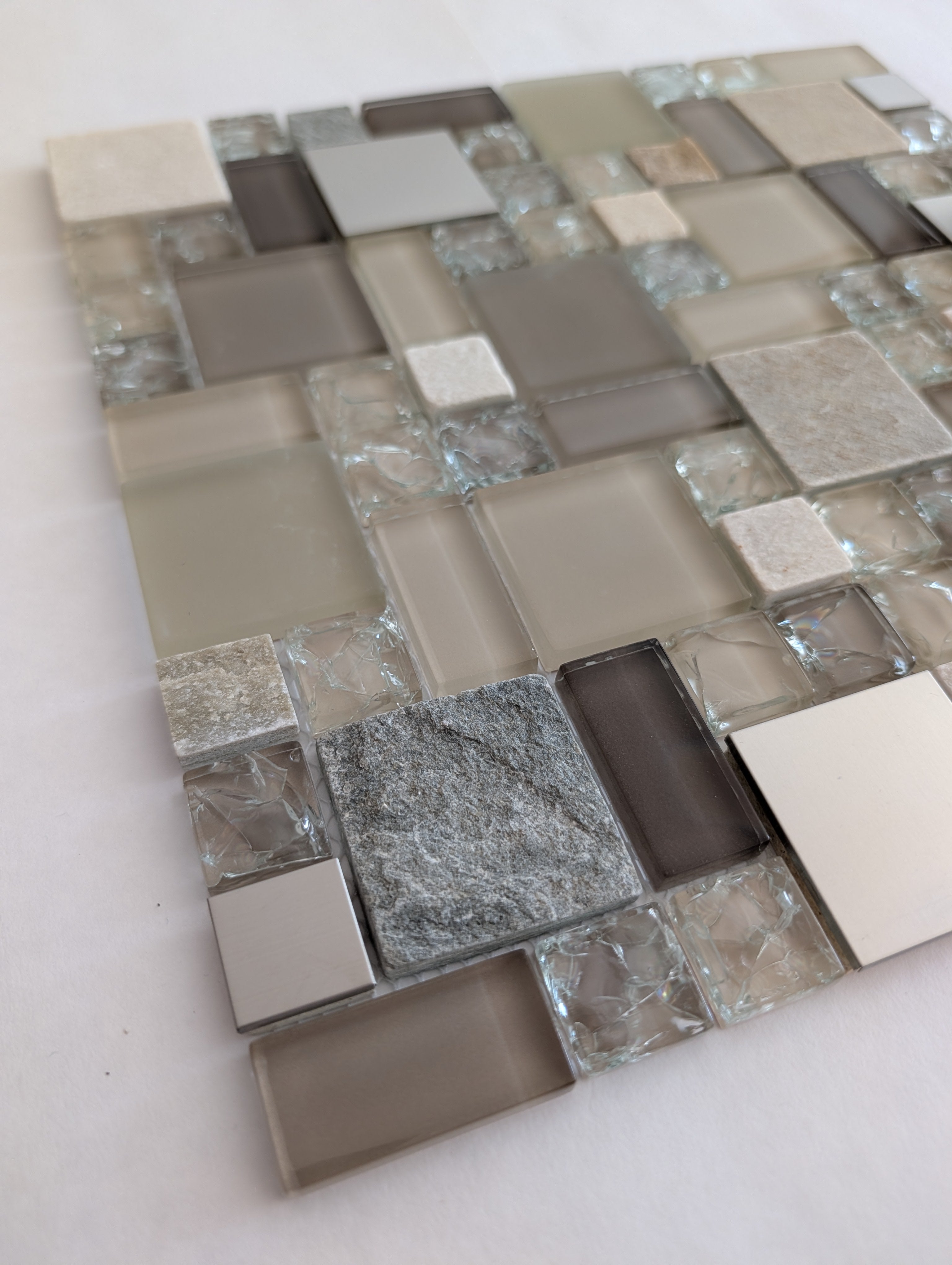 Earth Cubes Stainless 12”x12” Glossy Glass/Metal/Stone Slate Multi-shaped Mosaic Wall Tile