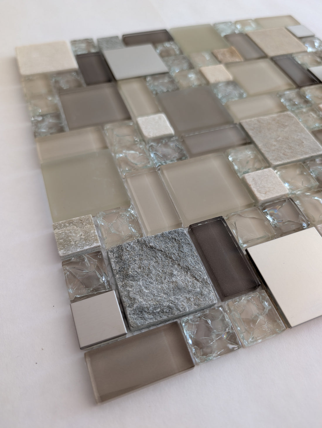 Earth Cubes Stainless 12”x12” Glossy Glass/Metal/Stone Slate Multi-shaped Mosaic Wall Tile